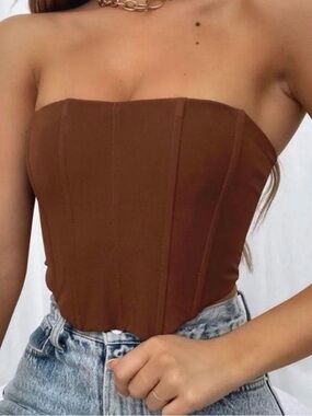 White Fox Boutique Brown Strapless Corset Crop Top